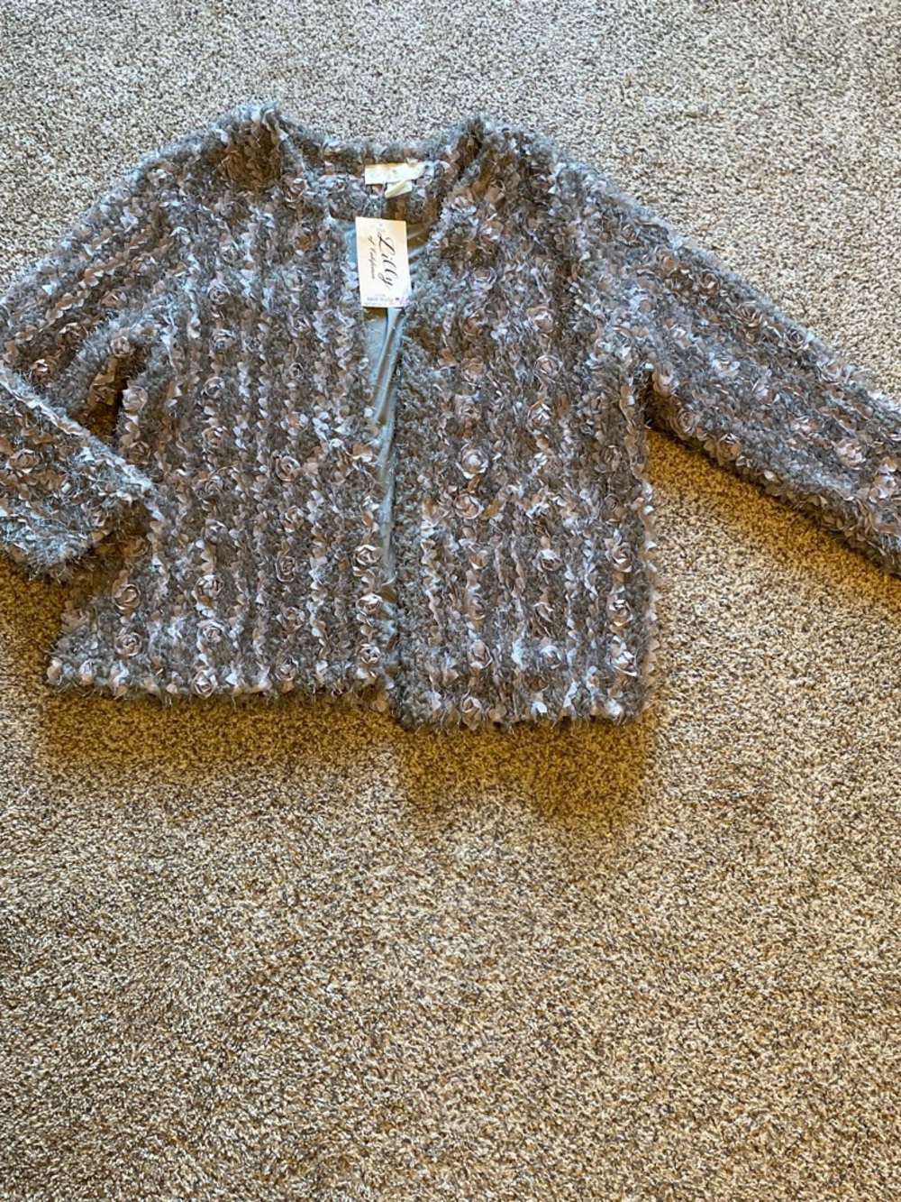 Lilly of California Vtg Women’s Gray Textured Rosette Open-Front Cardigan Sz M